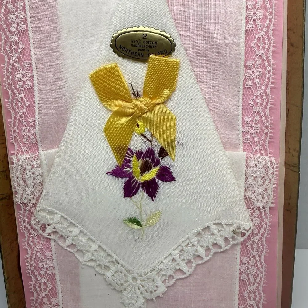 Vintage New In Package 2 Pure Irish Cotton Handkerchiefs. Made In Ireland
